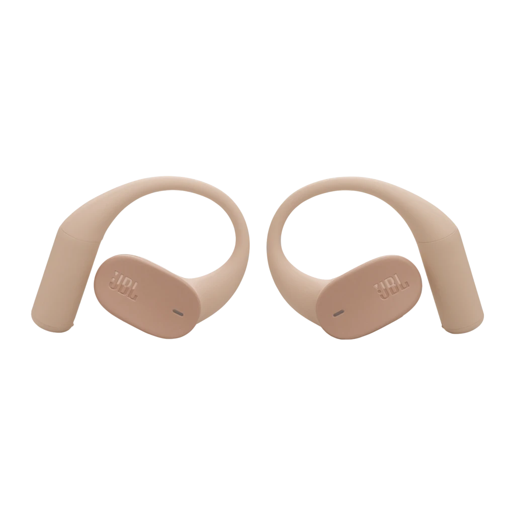 JBL Sense Lite Inalámbricos IP54 32 h Beige: estuche beige con logo JBL y audífonos tipo aro sobre la oreja, diseño ergonómico y compacto, acabado mate - Ítem6