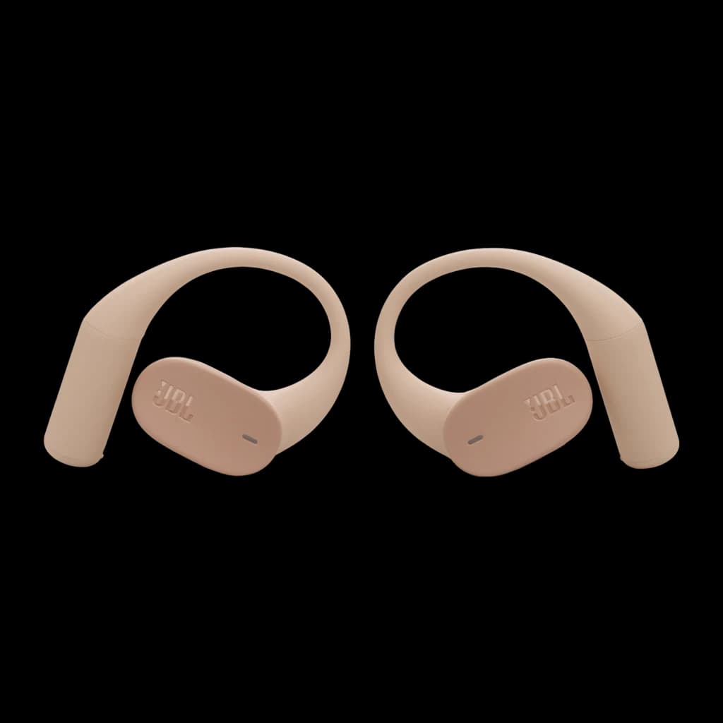 Auriculares JBL Sense Lite inalámbricos color beige con ganchos ergonómicos para oreja, diseño compacto, logo JBL frontal y luz LED indicadora