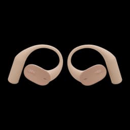 Auriculares JBL Sense Lite inalámbricos color beige con ganchos ergonómicos para oreja, diseño compacto, logo JBL frontal y luz LED indicadora