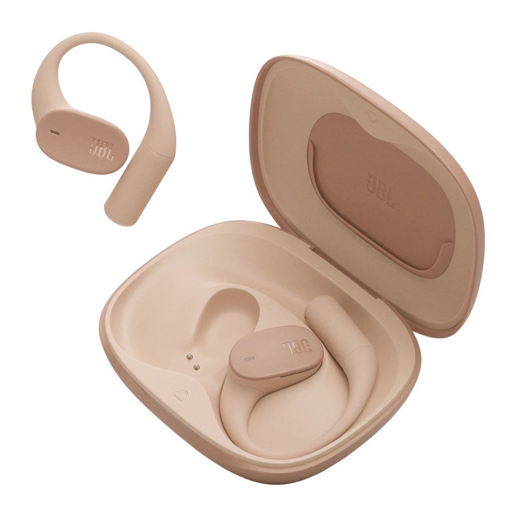 JBL Sense Lite Inalámbricos IP54 32 h Beige: estuche beige con logo JBL y audífonos tipo aro sobre la oreja, diseño ergonómico y compacto, acabado mate - Ítem5