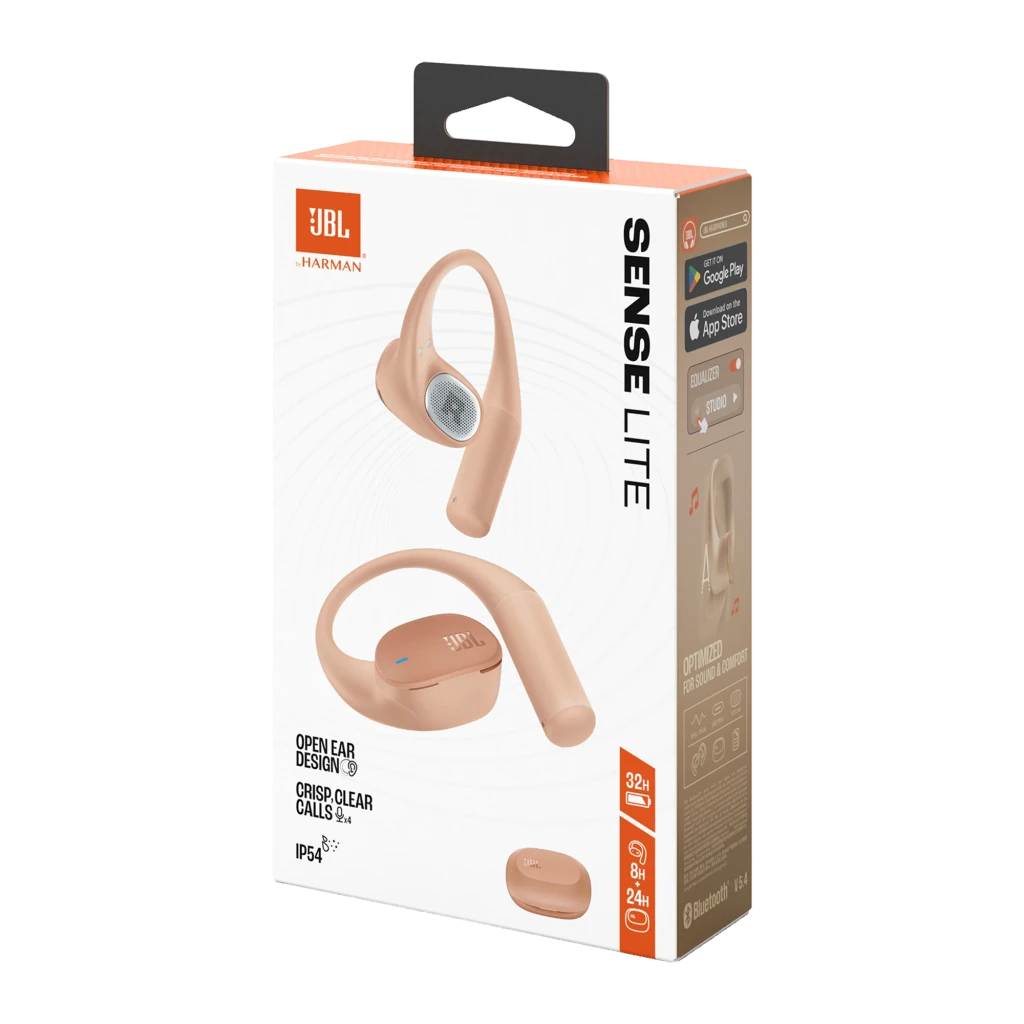 JBL Sense Lite Inalámbricos IP54 32 h Beige: estuche beige con logo JBL y audífonos tipo aro sobre la oreja, diseño ergonómico y compacto, acabado mate - Ítem9