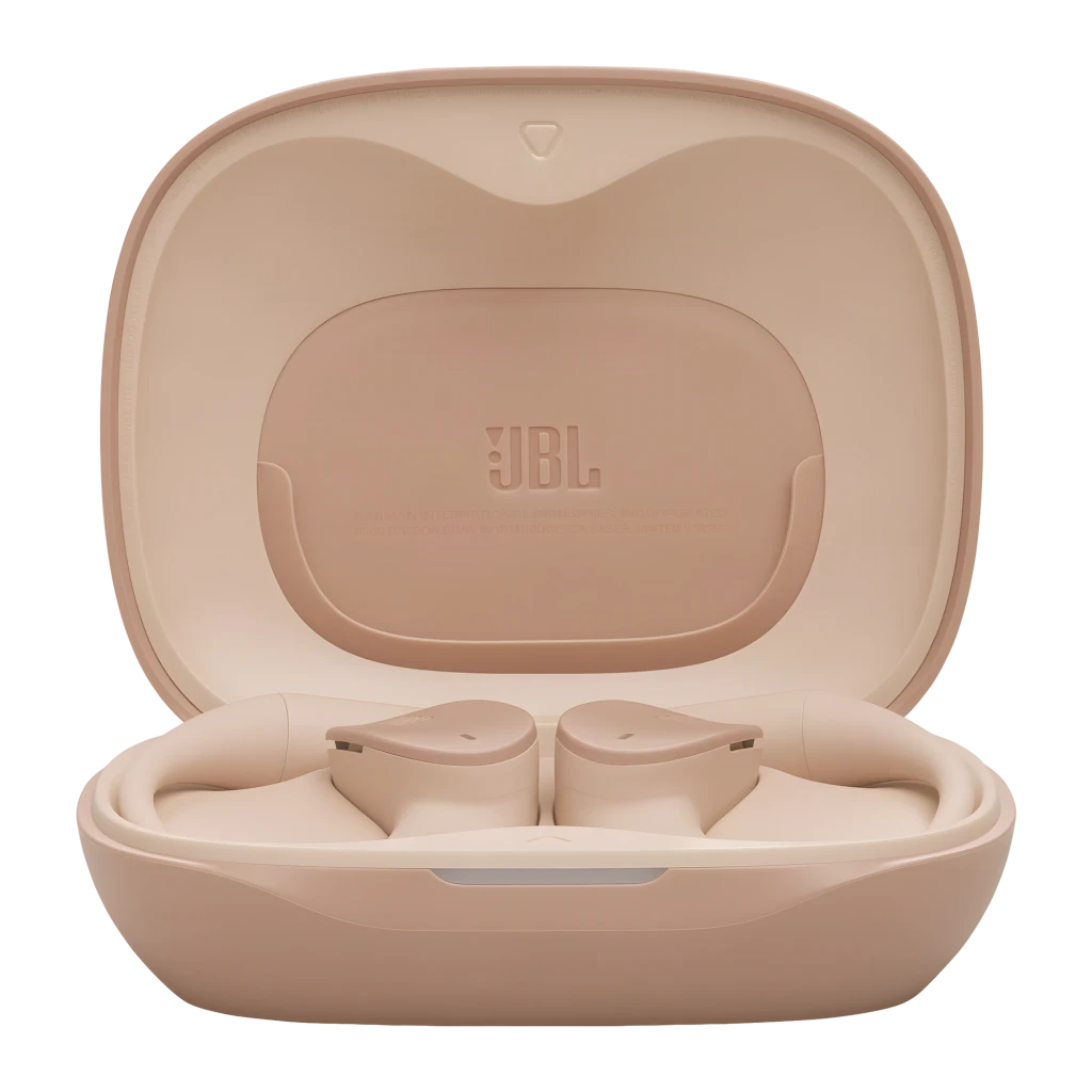 JBL Sense Lite Inalámbricos IP54 32 h Beige: estuche beige con logo JBL y audífonos tipo aro sobre la oreja, diseño ergonómico y compacto, acabado mate - Ítem1