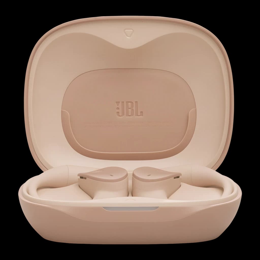 JBL Sense Lite Inalámbricos IP54 32 h Beige: estuche ovalado beige con tapa abatible y logo JBL, auriculares in-ear ergonómicos con aletas y luz LED frontal