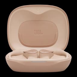 JBL Sense Lite Inalámbricos IP54 32 h Beige: estuche ovalado beige con tapa abatible y logo JBL, auriculares in-ear ergonómicos con aletas y luz LED frontal