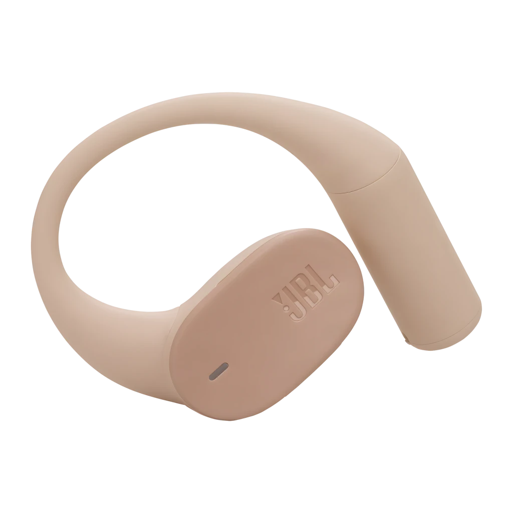 JBL Sense Lite Inalámbricos IP54 32 h Beige: estuche beige con logo JBL y audífonos tipo aro sobre la oreja, diseño ergonómico y compacto, acabado mate - Ítem2