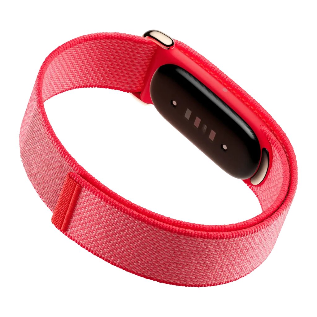 Fitbit Air Berry Vermelho Monitor Frequência Cardíaca, SpO2, Temperatura Pele Bateria 7 Dias 50m, vista diagonal: pulseira