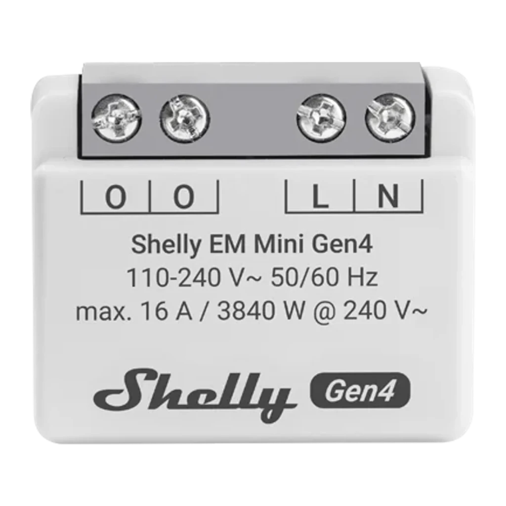 Compteur d'énergie Shelly EM Mini Gen4 Gris Mesure de consommation WiFi 6, Matter 16A, vue avant: corps blanc avec bornier