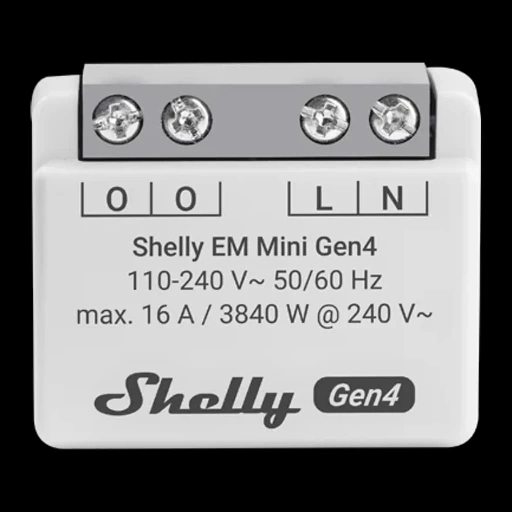 Compteur d'énergie Shelly EM Mini Gen4 Gris Mesure de consommation WiFi 6, Matter 16A, vue avant: corps blanc avec bornier