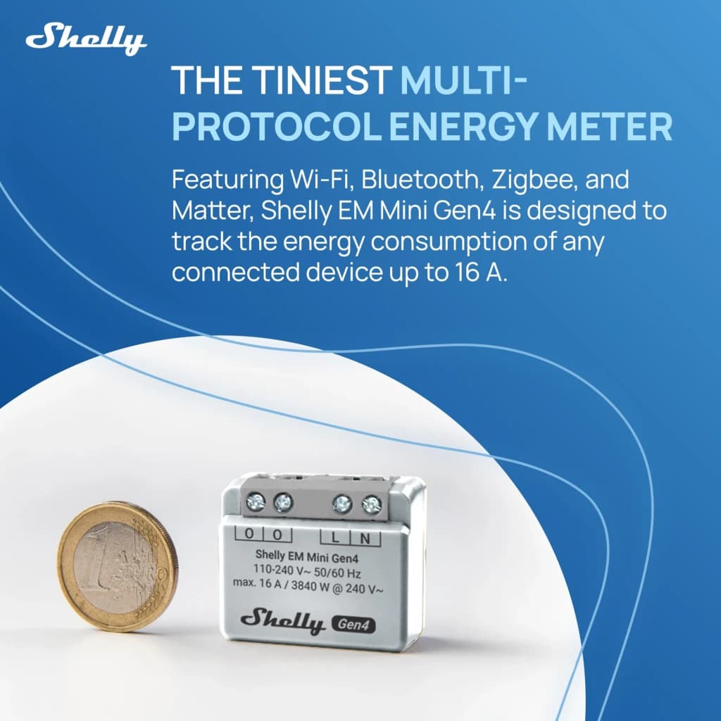 Compteur d'énergie Shelly EM Mini Gen4 Gris Mesure de consommation WiFi 6, Matter 16A, taille: comparaison avec pièce de 1€