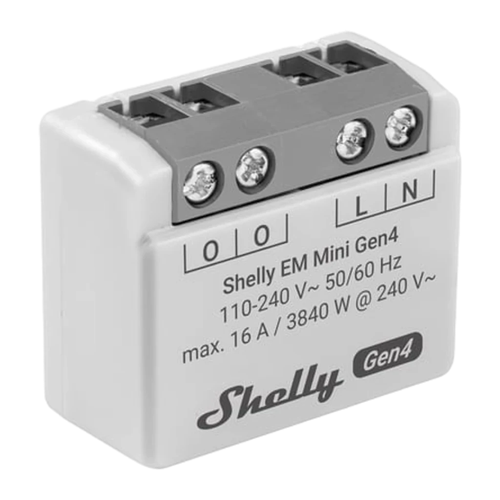 Compteur d'énergie Shelly EM Mini Gen4 Gris Mesure de consommation WiFi 6, Matter 16A, vue avant-dessus: borniers L/N