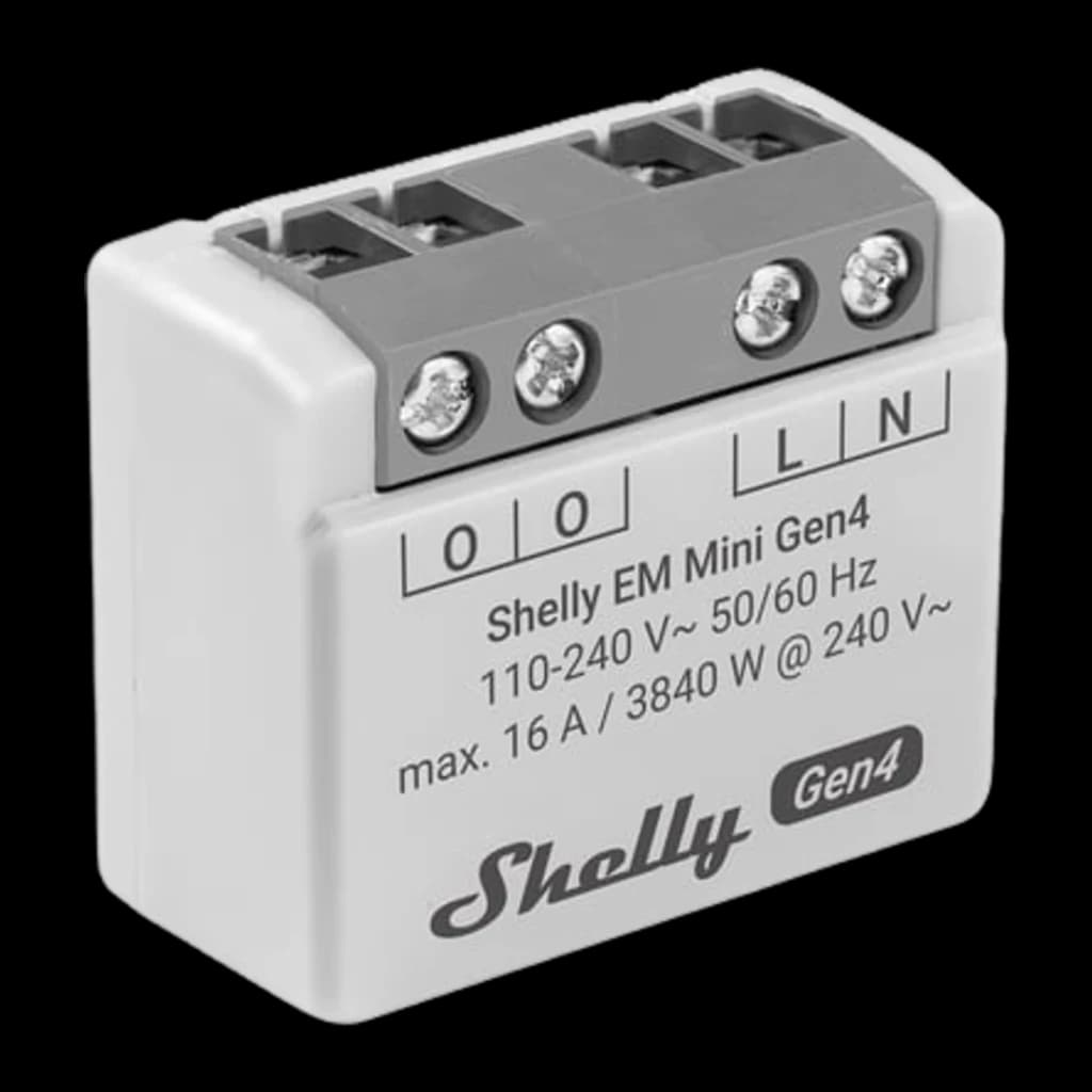 Compteur d'énergie Shelly EM Mini Gen4 Gris Mesure de consommation WiFi 6, Matter 16A, vue avant-dessus: borniers L/N