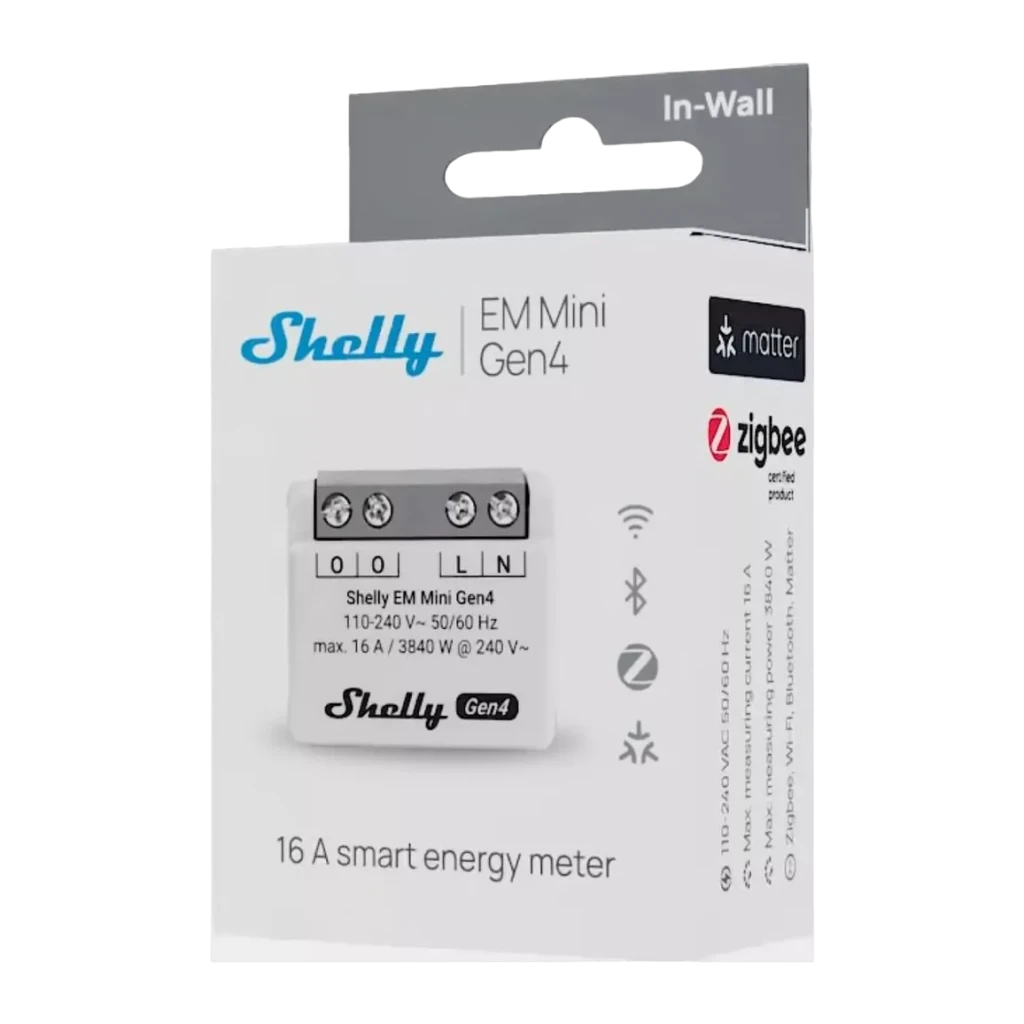Compteur d'énergie Shelly EM Mini Gen4 Gris Mesure de consommation WiFi 6, Matter 16A, boîte: packaging avant avec logos