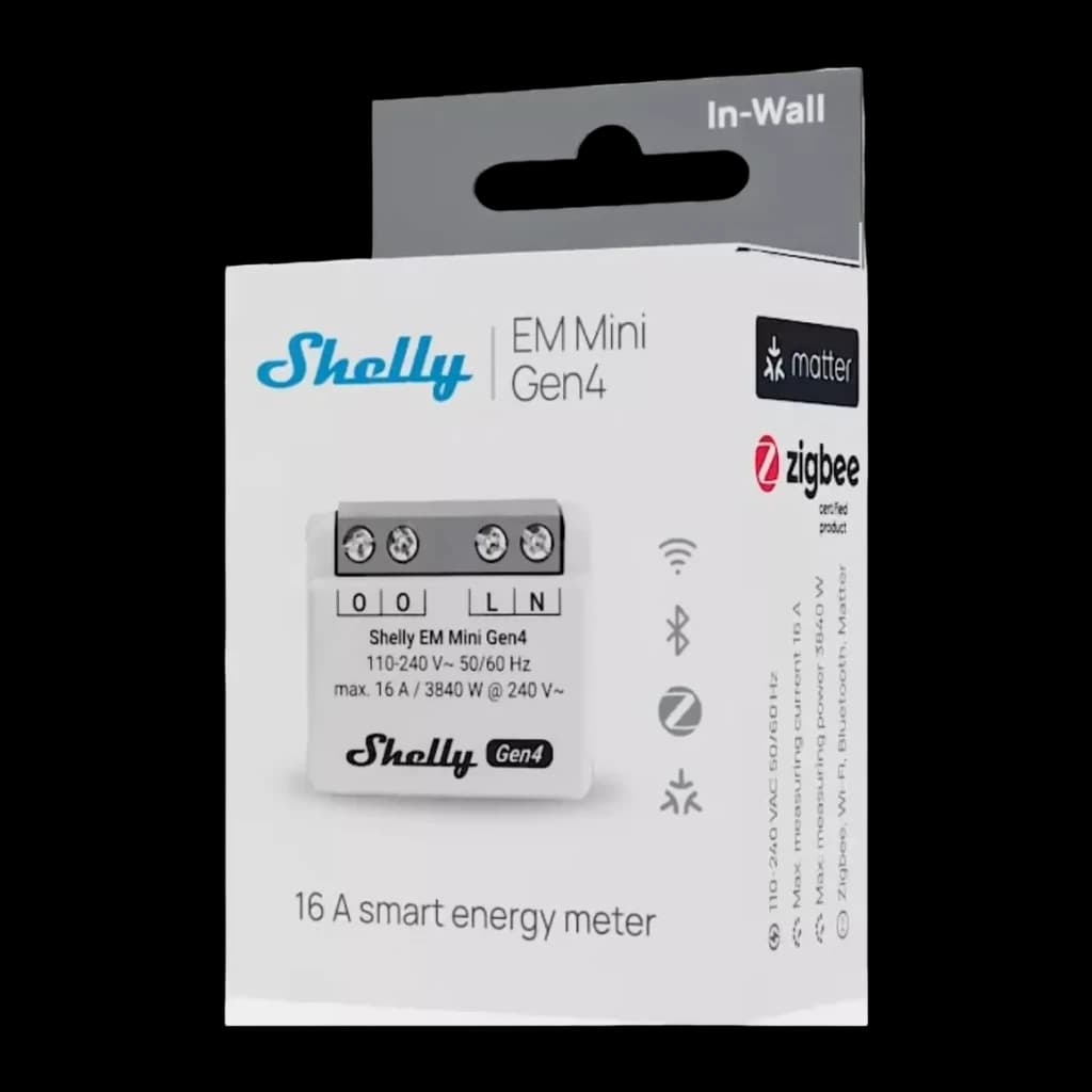 Compteur d'énergie Shelly EM Mini Gen4 Gris Mesure de consommation WiFi 6, Matter 16A, boîte: packaging avant avec logos
