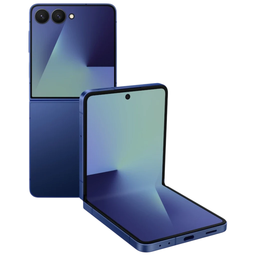 Samsung Galaxy Z Flip7 5G azul marinho, dobrável, tela interna ampla com furo central, duas câmeras traseiras e acabamento premium; renovado, excelente - Item
