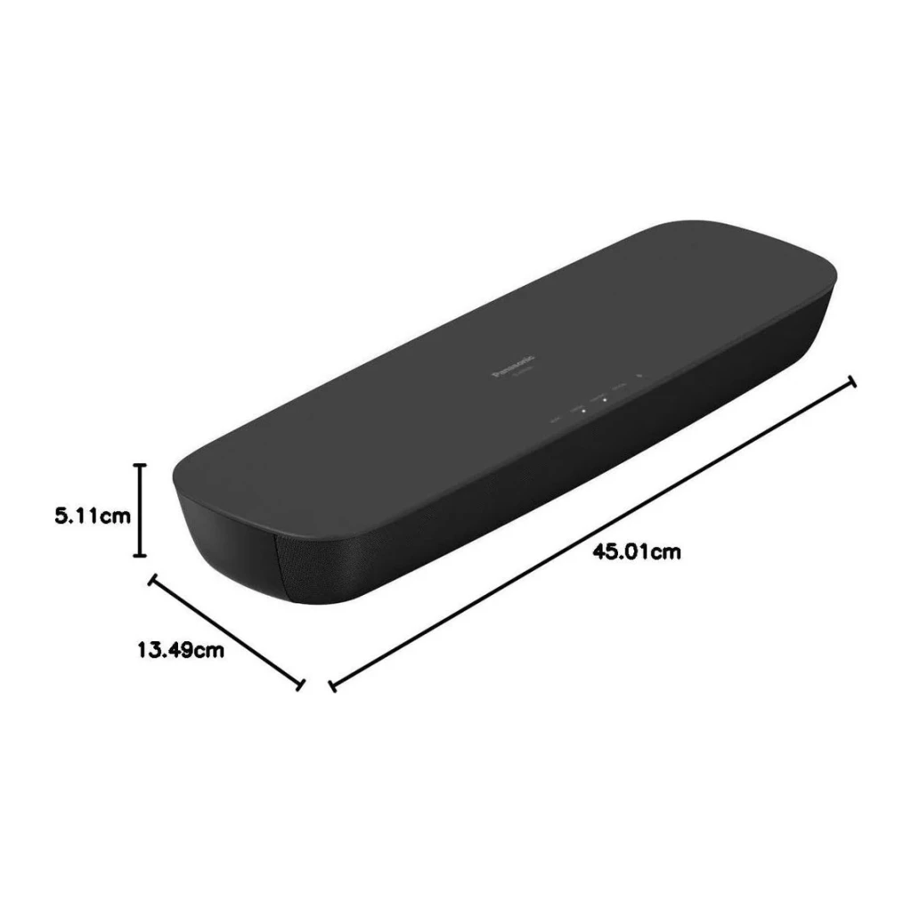 Barre de Son Panasonic 2.0 80W Bluetooth Noir SC-HTB200EGK, dimensions: vue en perspective avec mesures 45,01x13,49x5,11cm