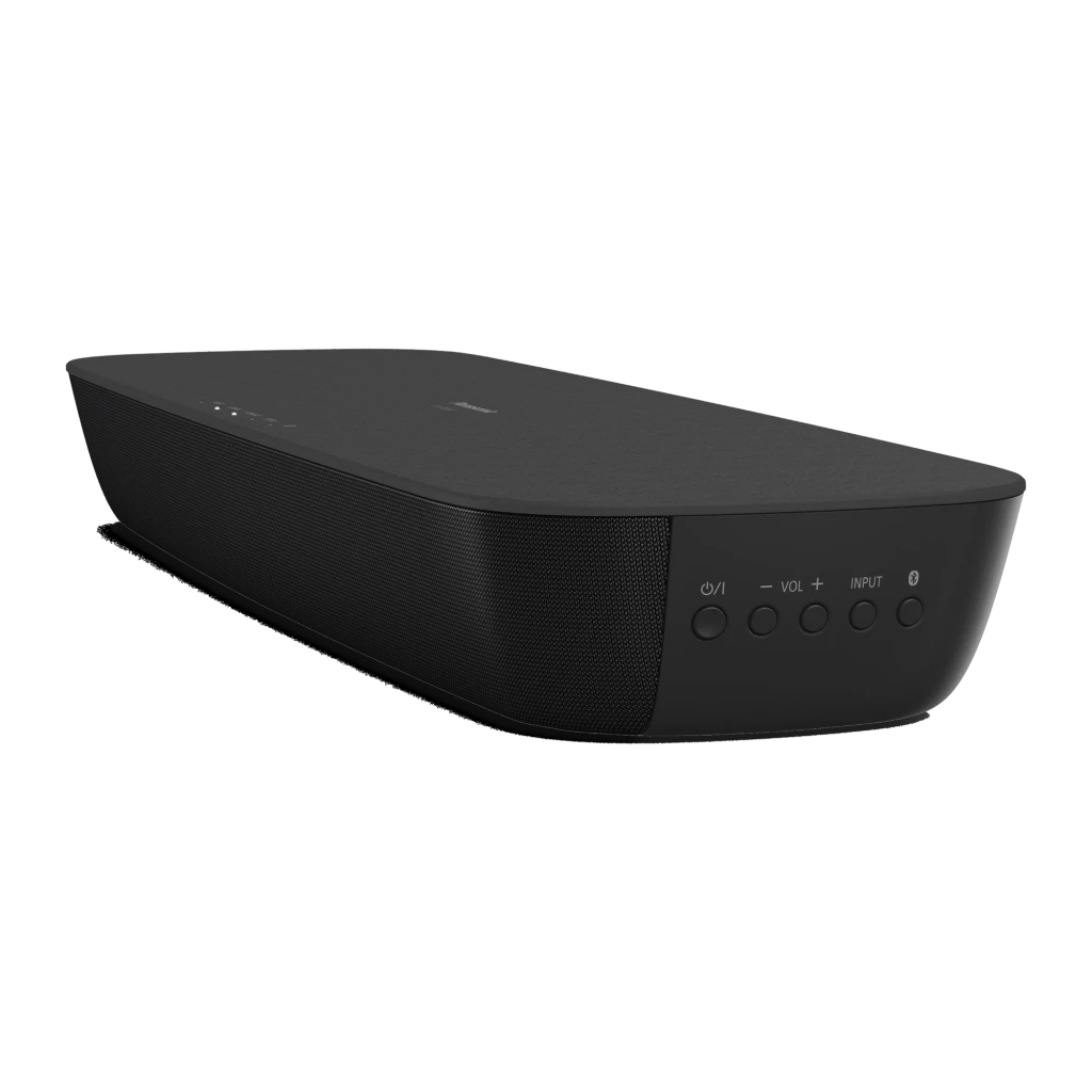 Barre de Son Panasonic 2.0 80W Bluetooth Noir SC-HTB200EGK, vue en angle: boutons de contrôle et grille avant visibles
