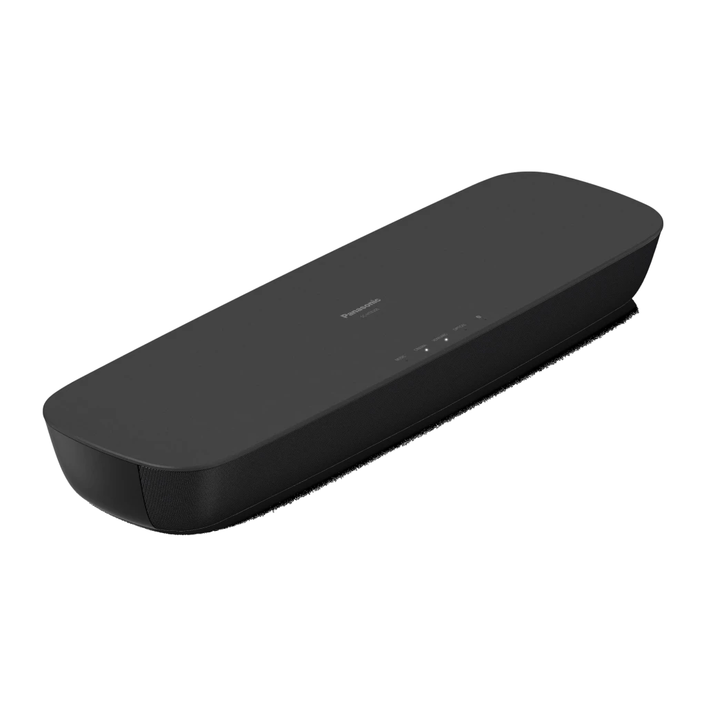 Barre de Son Panasonic 2.0 80W Bluetooth Noir SC-HTB200EGK, vue diagonale dessus: grille avant et panneau de commande