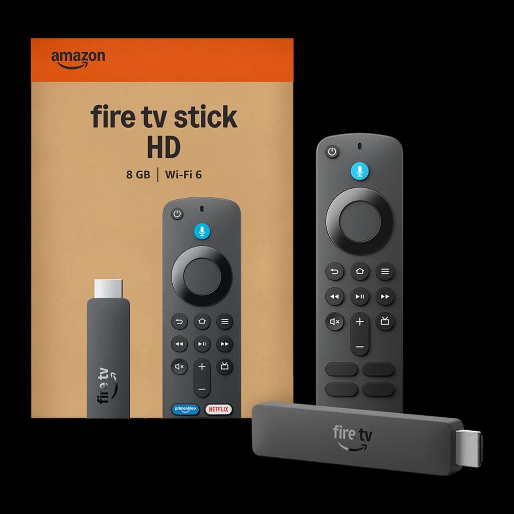 Leitor Multimédia Amazon Fire TV Stick HD 2026 com WiFi 6, stick HDMI compacto em cinza e comando Alexa com microfone, botões de volume e atalhos de apps