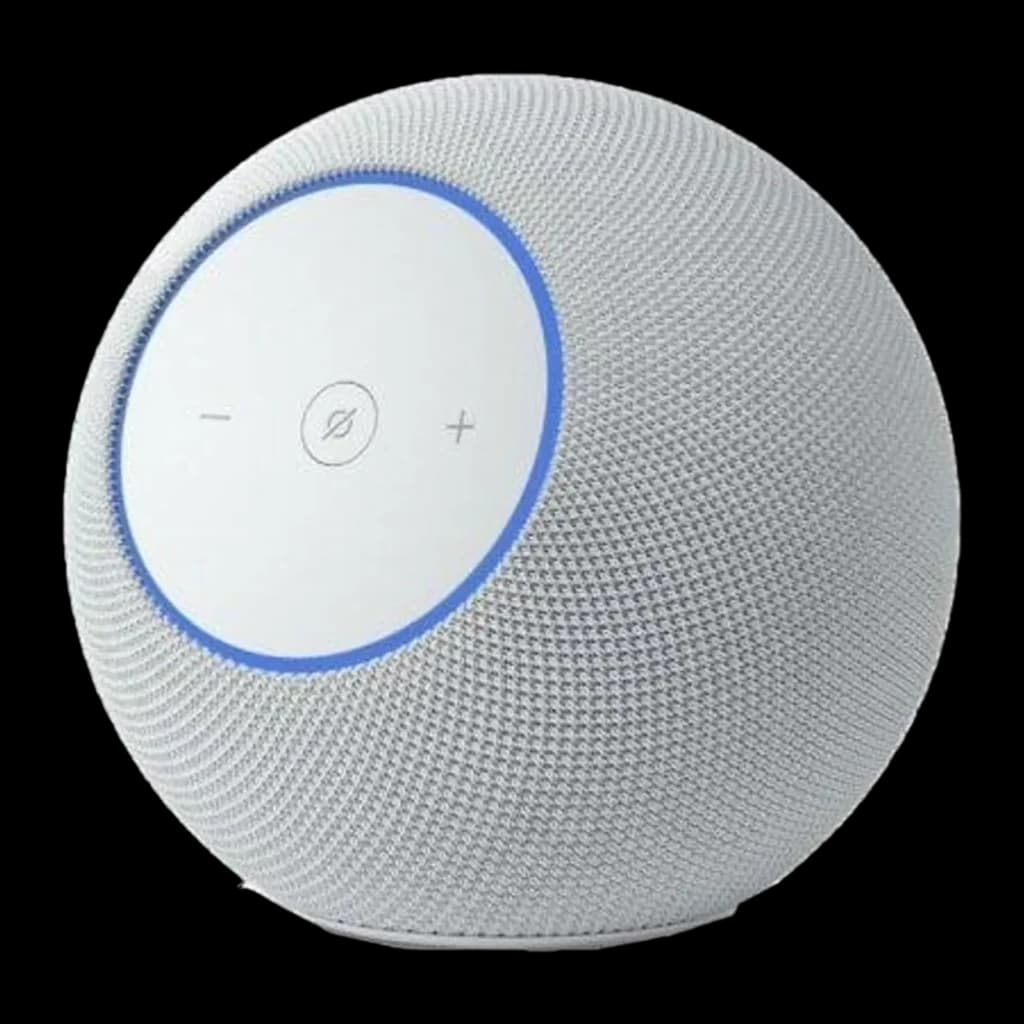 Sphere blanche maillée avec anneau LED bleu, panneau circulaire blanc avec boutons plus, moins et sourdine; design compact style Echo Studio 2025 compatible