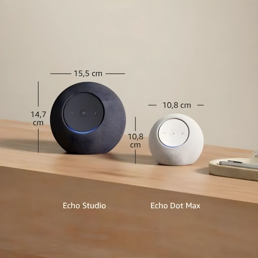 Sphere blanche maillée avec anneau LED bleu, panneau circulaire blanc avec boutons plus, moins et sourdine; design compact style Echo Studio 2025 compatible - Ítem4
