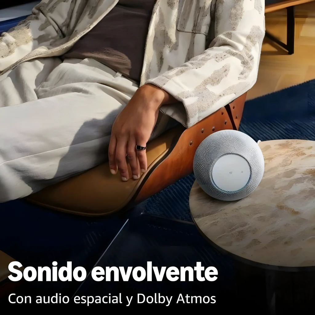 Sphere blanche maillée avec anneau LED bleu, panneau circulaire blanc avec boutons plus, moins et sourdine; design compact style Echo Studio 2025 compatible - Ítem3