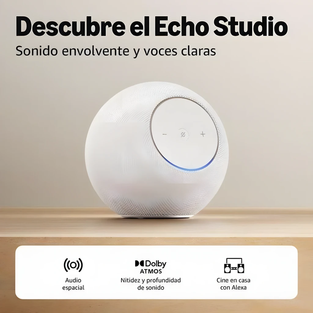 Sphere blanche maillée avec anneau LED bleu, panneau circulaire blanc avec boutons plus, moins et sourdine; design compact style Echo Studio 2025 compatible - Ítem1