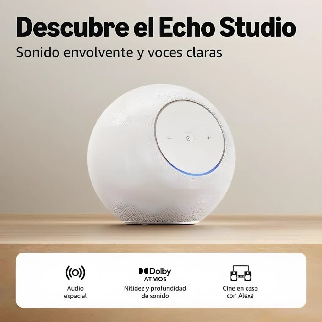 Enceinte intelligente Amazon Echo Studio 2025 blanche, forme sphérique, anneau LED bleu, boutons tactiles, compatible Dolby Atmos et Alexa