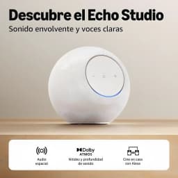 Enceinte intelligente Amazon Echo Studio 2025 blanche, forme sphérique, anneau LED bleu, boutons tactiles, compatible Dolby Atmos et Alexa