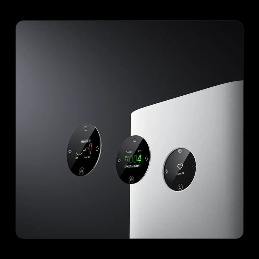 Purificador de aire Xiaomi Mijia Smart Air Purifier 6 Plus con panel circular OLED dual: lectura PM2.5 en tiempo real, iconos táctiles y diseño minimalista
