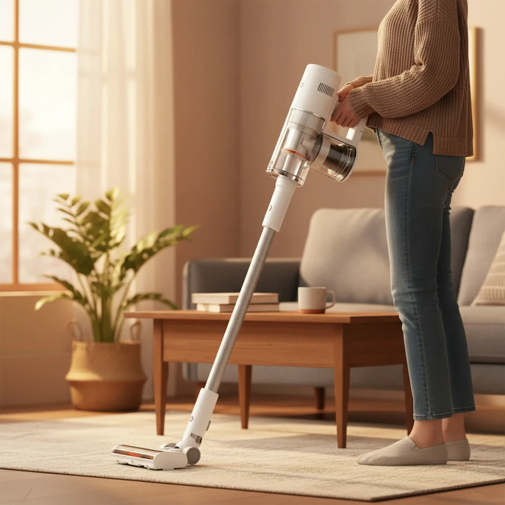 Aspiradora escoba Xiaomi Mijia sin cable blanca, cuerpo esbelto con tubo metálico, cabezal rectangular articulado y depósito transparente desmontable - Ítem1