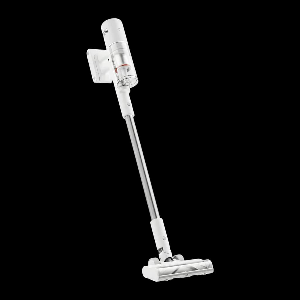 Aspiradora Escoba Xiaomi Mijia Vacuum Cleaner 4 sin cable, cuerpo blanco y gris, depósito transparente, cabezal ancho con luz LED y soporte de pared
