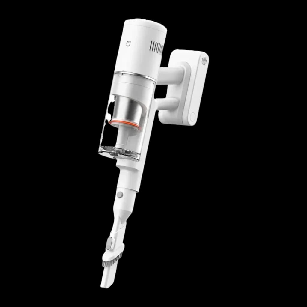 Aspiradora Escoba Xiaomi Mijia Vacuum Cleaner 4 Sin Cable 25000Pa 90min en soporte de pared, cuerpo blanco, depósito transparente y boquilla combinada