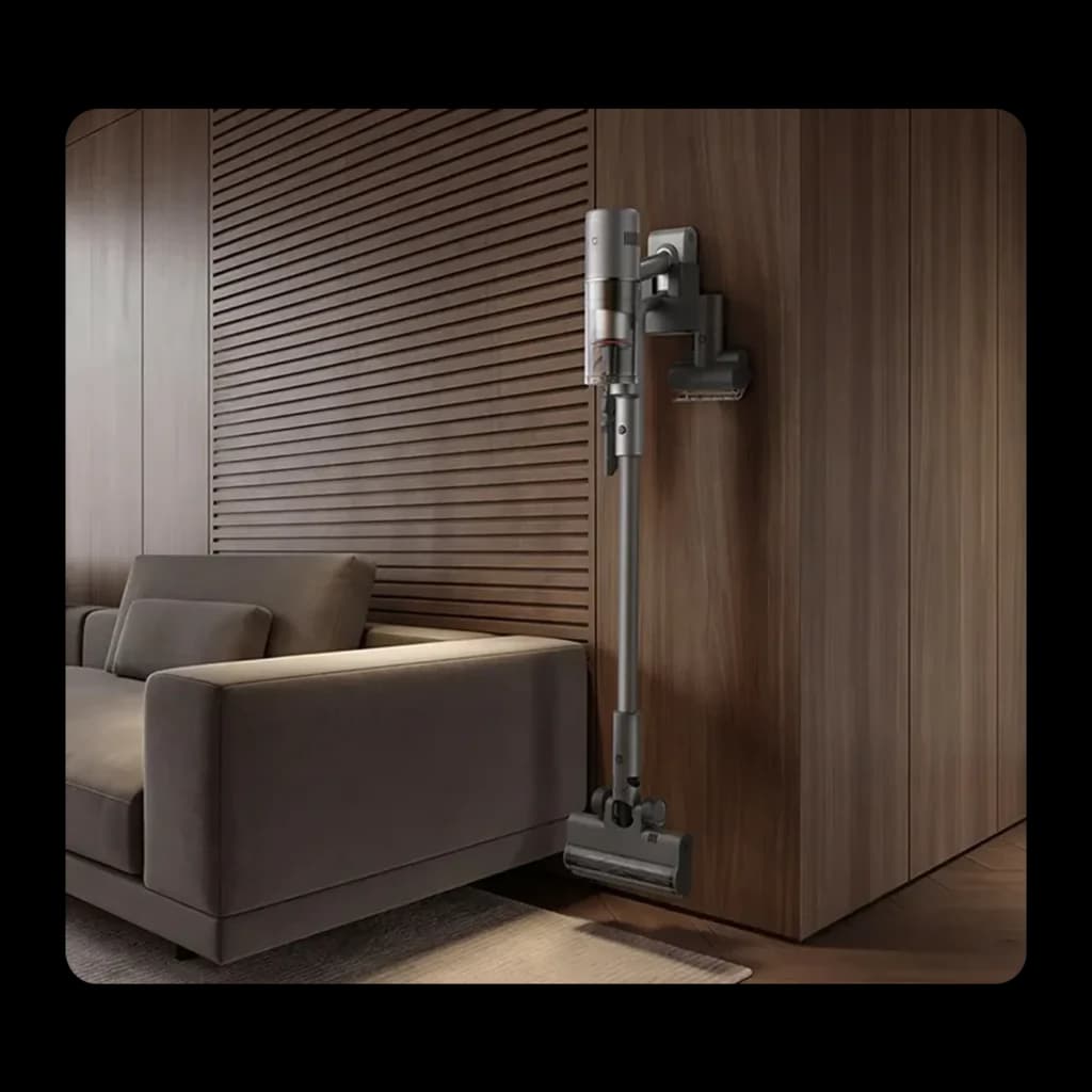 Aspiradora Xiaomi Mijia 4 Pro sin cable montada en pared, diseño gris minimalista, tubo largo, depósito transparente y cabezal ancho para suelos y alfombras