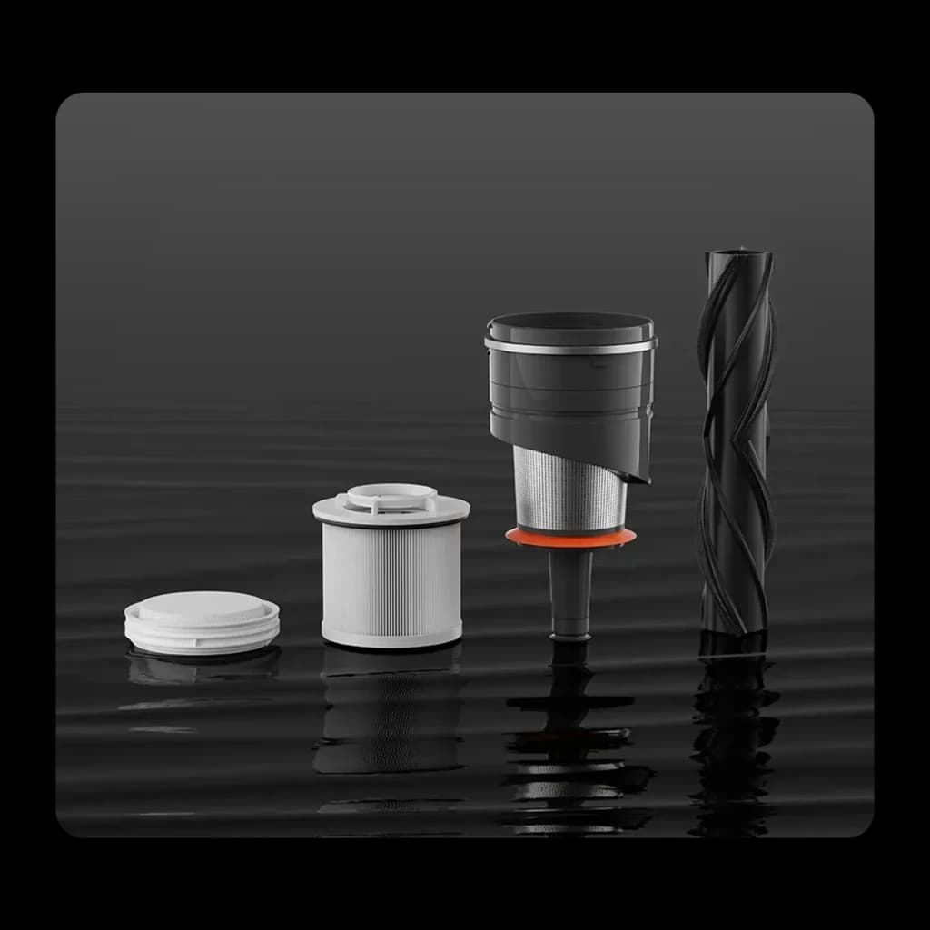 Componentes de la Aspiradora Xiaomi Mijia Vacuum Cleaner 4 Pro Sin Cable: filtro HEPA cilíndrico, ciclón con malla metálica y rodillo cepillo en negro