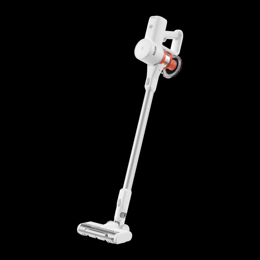 Aspiradora escoba Xiaomi Mijia 4C sin cable, cuerpo blanco minimalista, depósito naranja, tubo largo y cepillo motorizado de piso con cabezal articulado