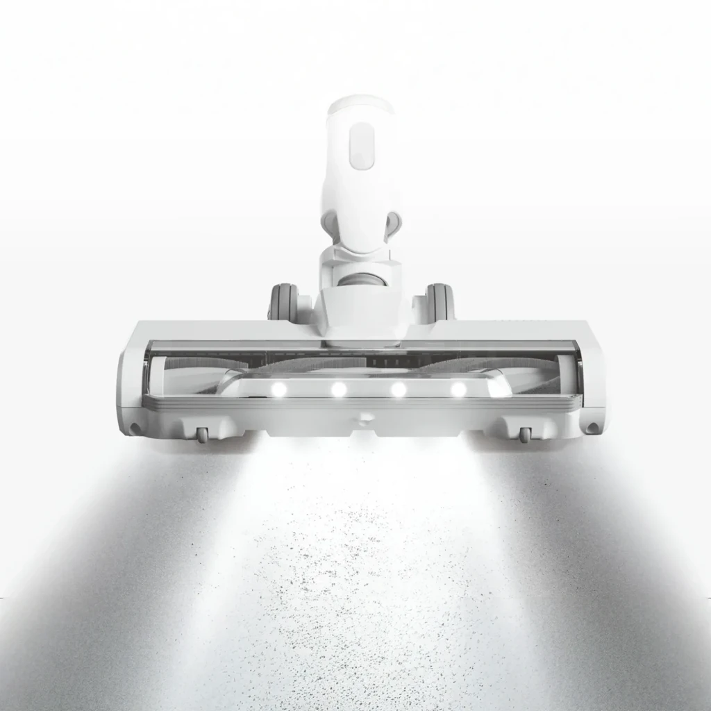 Aspiradora escoba Xiaomi Mijia 4C sin cable, cuerpo blanco minimalista, depósito naranja, tubo largo y cepillo motorizado de piso con cabezal articulado - Ítem4