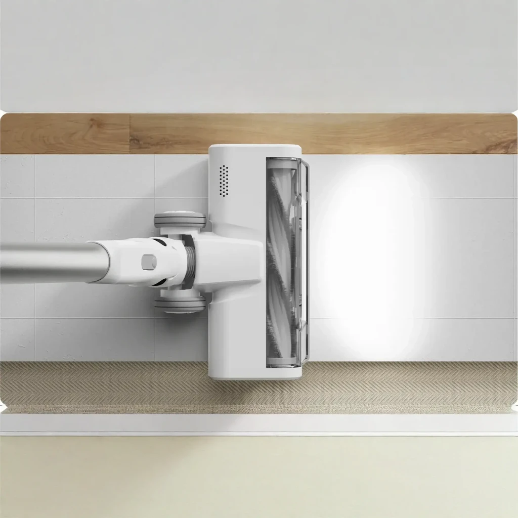 Aspiradora escoba Xiaomi Mijia 4C sin cable, cuerpo blanco minimalista, depósito naranja, tubo largo y cepillo motorizado de piso con cabezal articulado - Ítem3