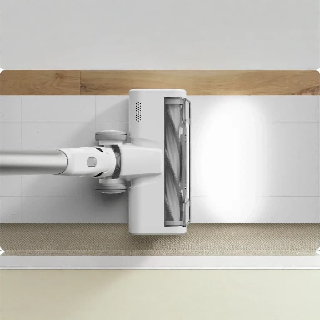 Cabezal de la Aspiradora Escoba Xiaomi Mijia 4C: diseño blanco, rodillo visible, luz LED frontal, limpieza en borde pared-alfombra, sin cable y compacto