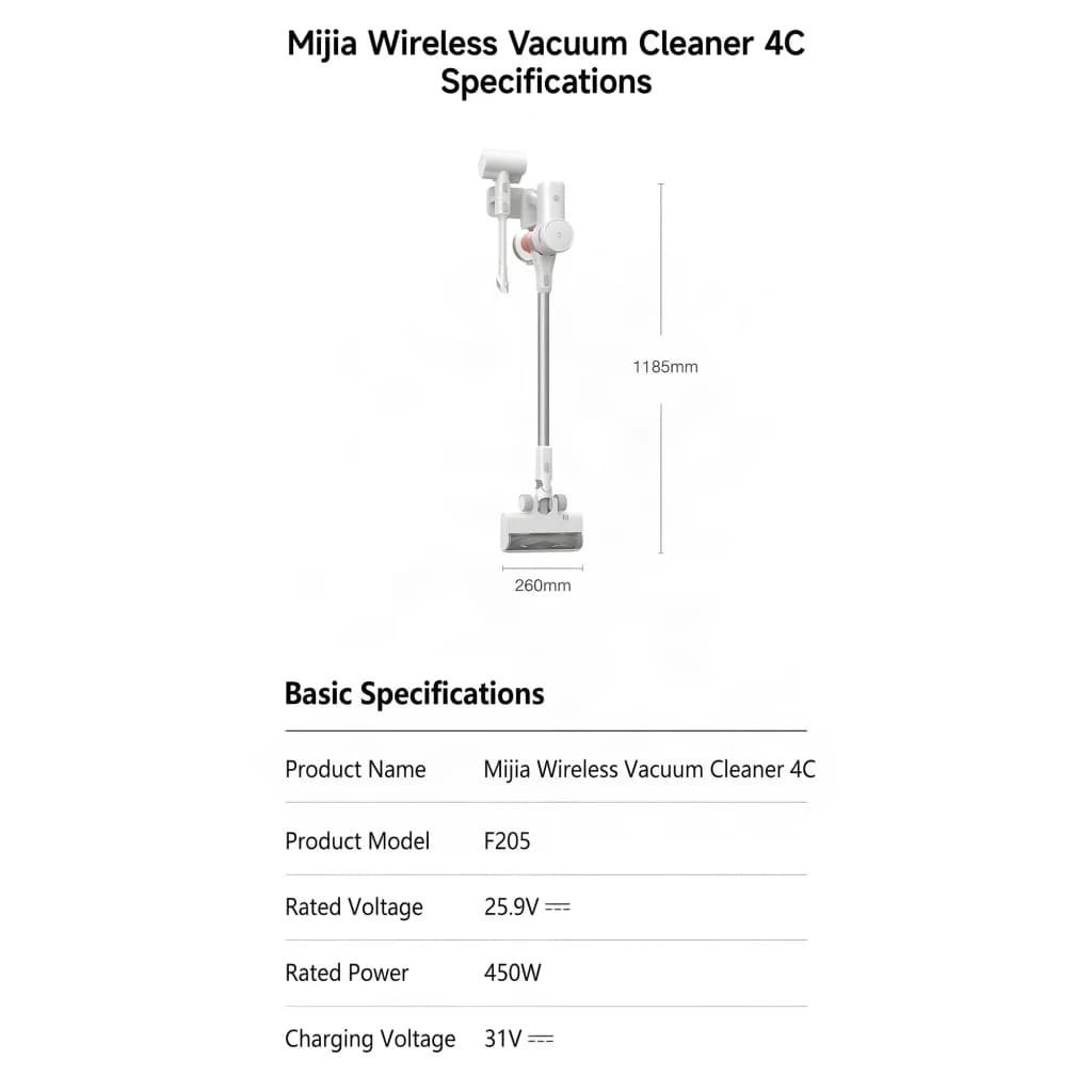 Aspiradora escoba Xiaomi Mijia 4C sin cable, cuerpo blanco con depósito frontal, tubo largo plateado, cabezal ancho de 260 mm y soporte de pared