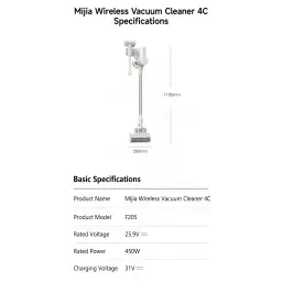 Aspiradora escoba Xiaomi Mijia 4C sin cable, cuerpo blanco con depósito frontal, tubo largo plateado, cabezal ancho de 260 mm y soporte de pared