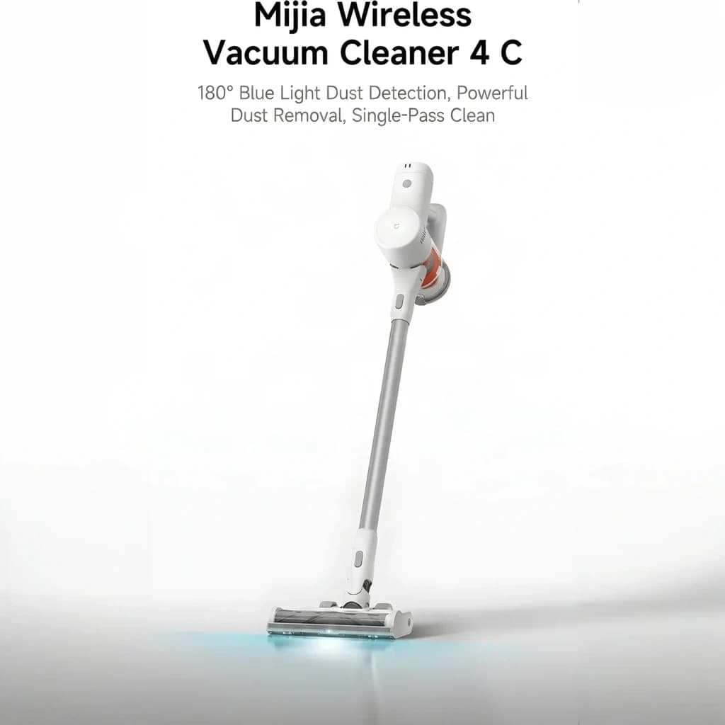 Aspiradora escoba Xiaomi Mijia 4C sin cable, cabezal con luz azul 180° para detectar polvo, tubo metálico largo y diseño blanco minimalista