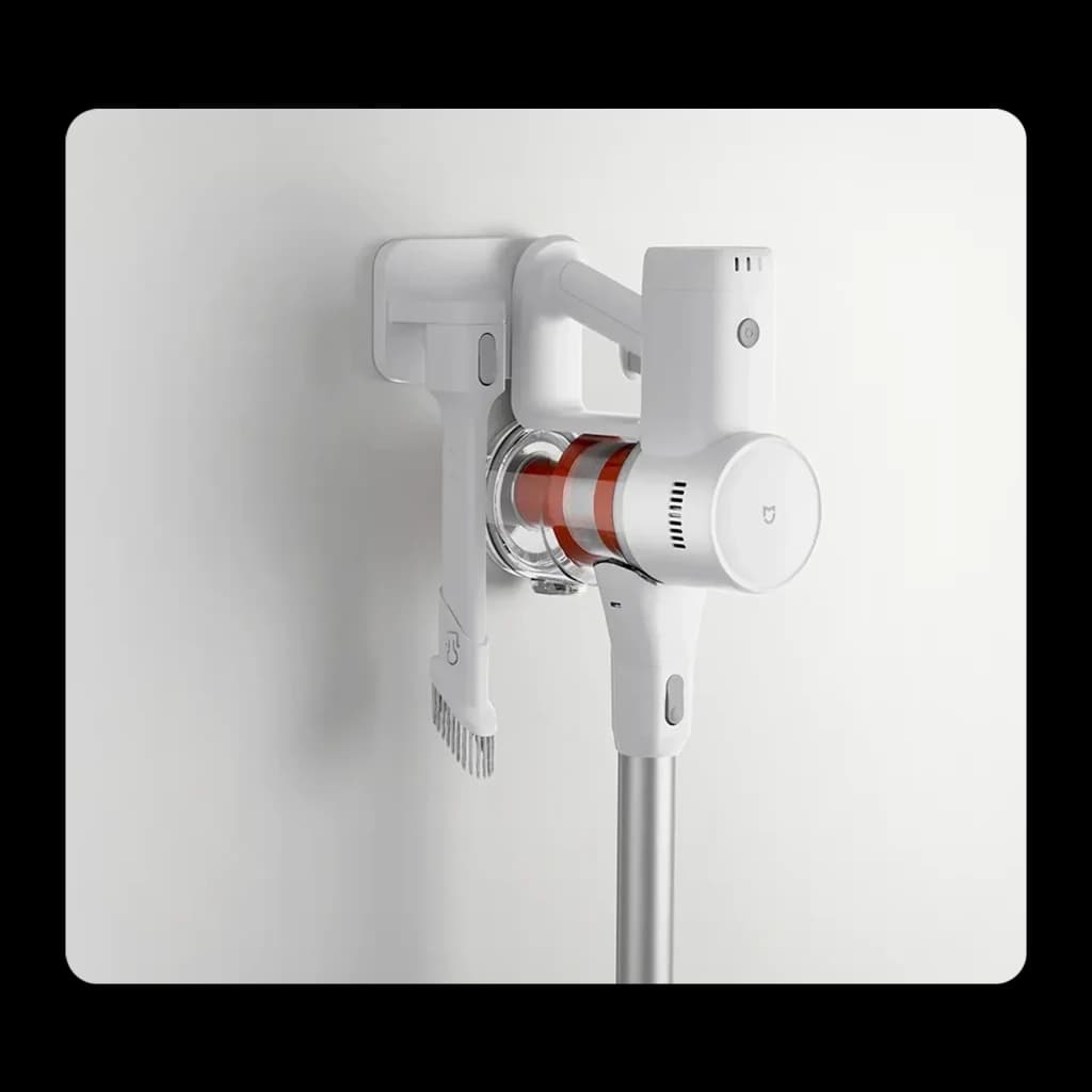 Aspiradora escoba Xiaomi Mijia 4C sin cable, cuerpo blanco minimalista con tubo metálico, depósito translúcido con anillo naranja y soporte de pared con
