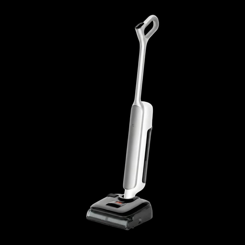 Aspiradora escoba blanca con diseño ergonómico, base ancha y cabezal de vapor; cuerpo esbelto sin cable, pantalla en la base y detalles en negro y gris