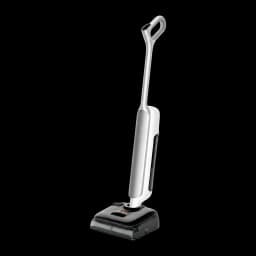 Aspiradora escoba blanca con diseño ergonómico, base ancha y cabezal de vapor; cuerpo esbelto sin cable, pantalla en la base y detalles en negro y gris