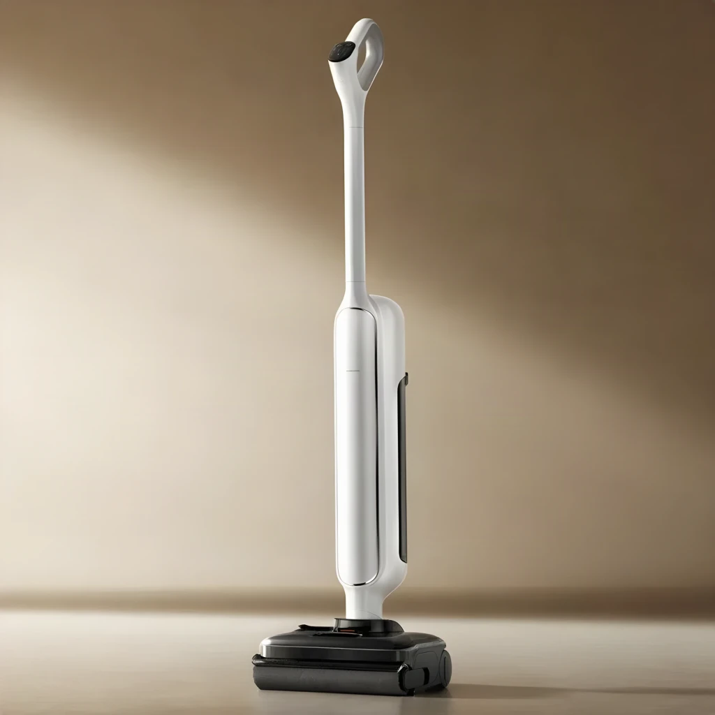 Aspiradora escoba blanca con diseño ergonómico, base ancha y cabezal de vapor; cuerpo esbelto sin cable, pantalla en la base y detalles en negro y gris - Ítem6