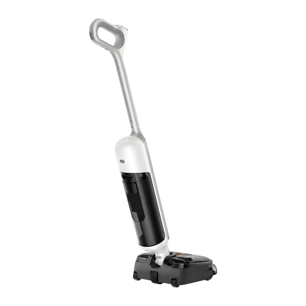 Aspiradora escoba blanca con diseño ergonómico, base ancha y cabezal de vapor; cuerpo esbelto sin cable, pantalla en la base y detalles en negro y gris - Ítem2