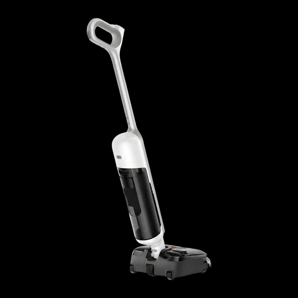 Aspiradora escoba blanca y negra sin cable con depósito frontal, asa ergonómica en arco y base ancha con cepillo y ruedas, diseño vertical compacto