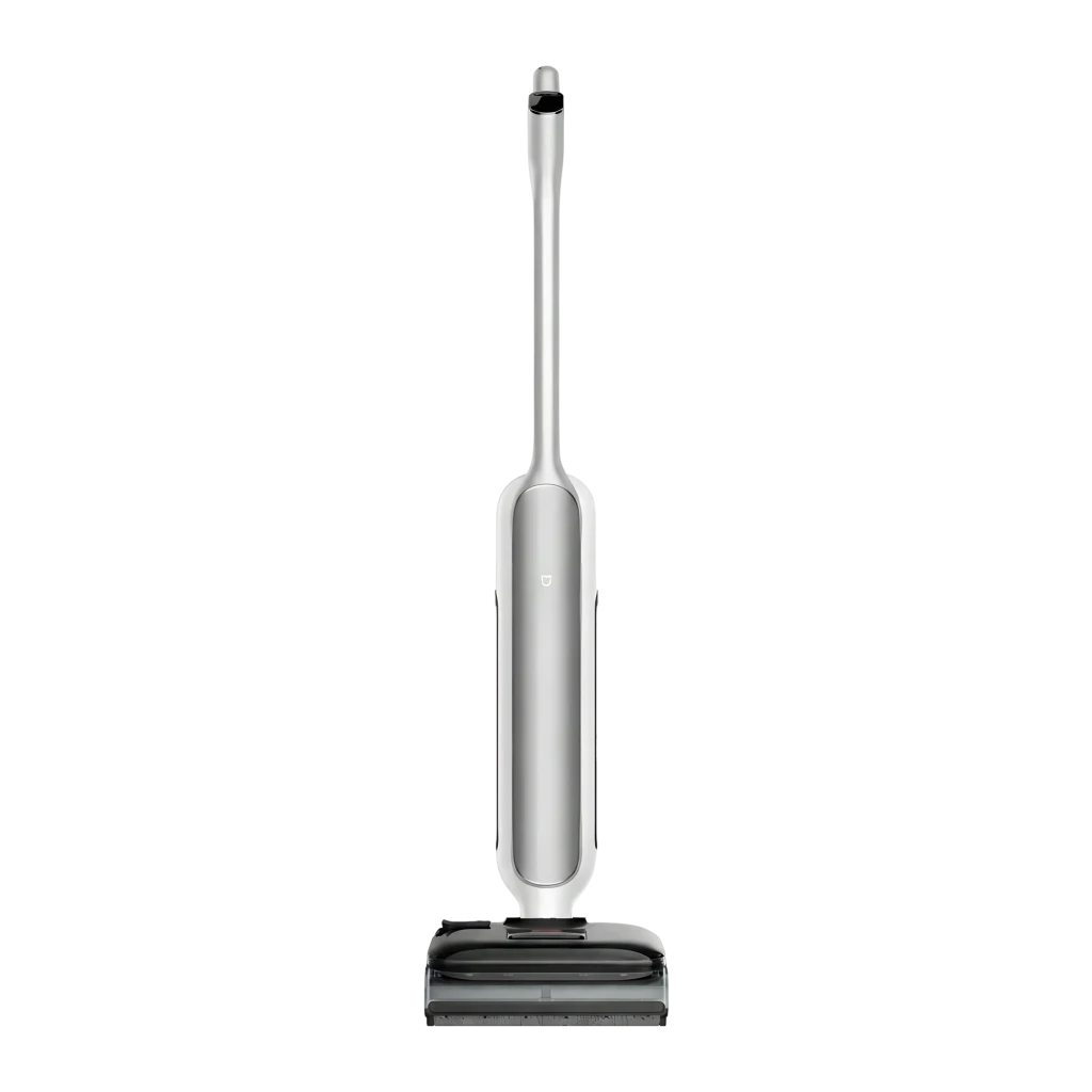 Aspiradora escoba blanca con diseño ergonómico, base ancha y cabezal de vapor; cuerpo esbelto sin cable, pantalla en la base y detalles en negro y gris - Ítem1