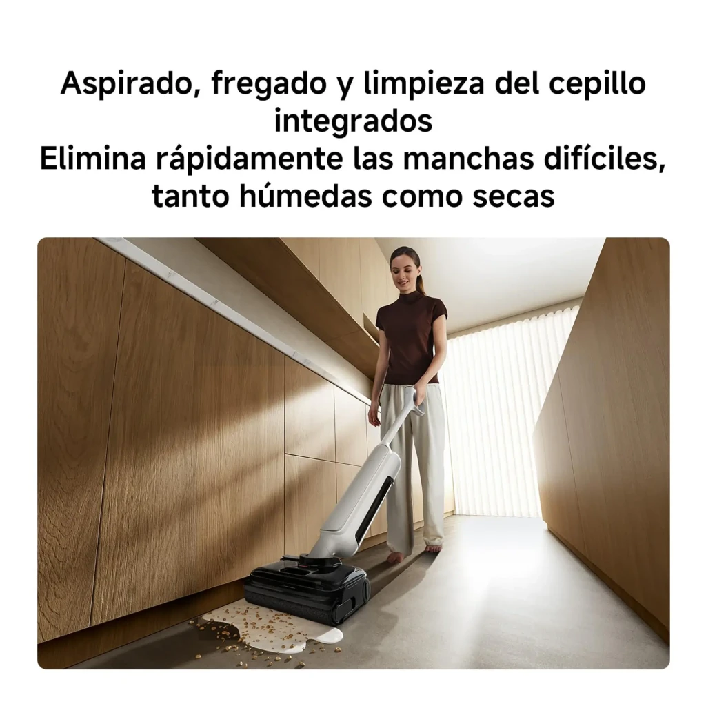 Aspiradora escoba blanca con diseño ergonómico, base ancha y cabezal de vapor; cuerpo esbelto sin cable, pantalla en la base y detalles en negro y gris - Ítem3