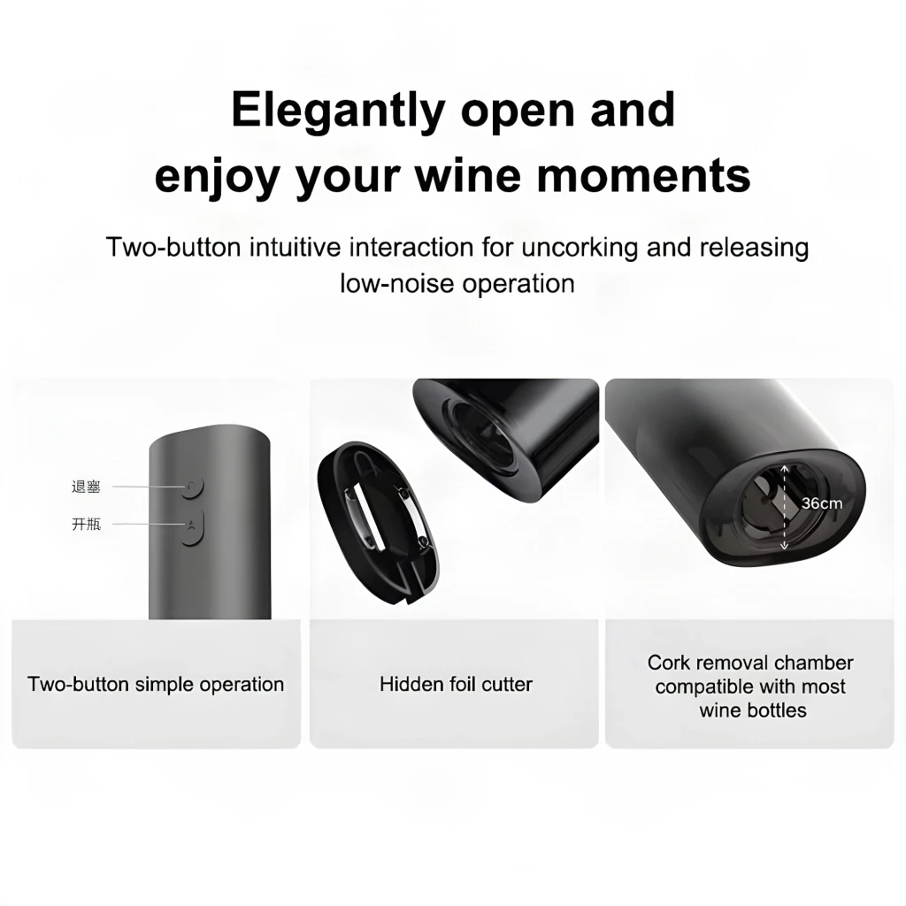 Abrebotellas eléctrico Xiaomi Mijia Electric 170 Botellas en color negro mate, cilindro compacto con dos botones frontales y base transparente que deja ver el - Ítem5